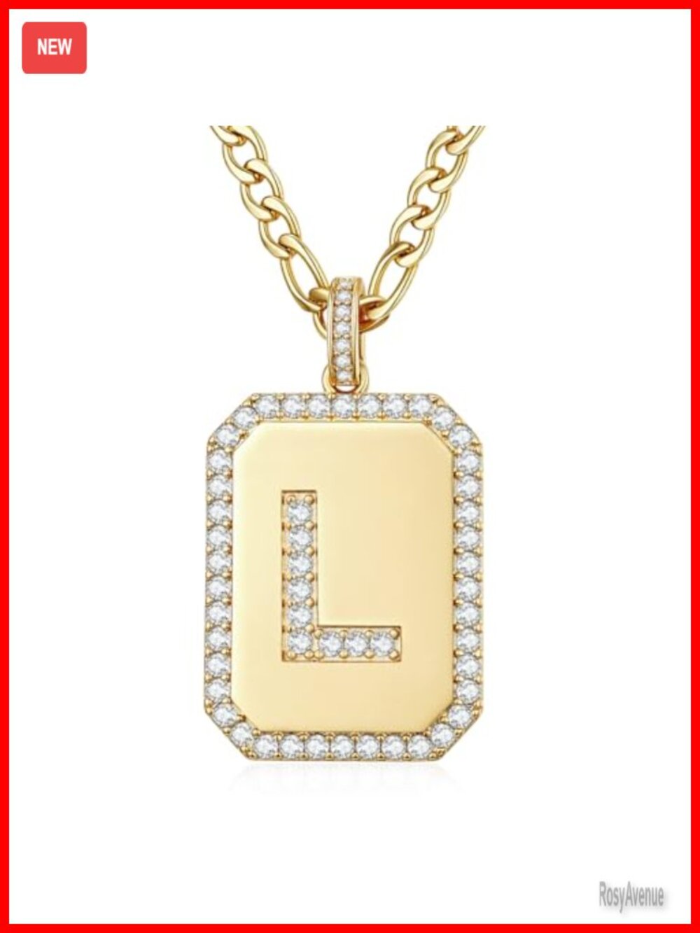 14K Gold Plated Initial L Necklace with Cubic Zirconia Pendant and Figaro Chain